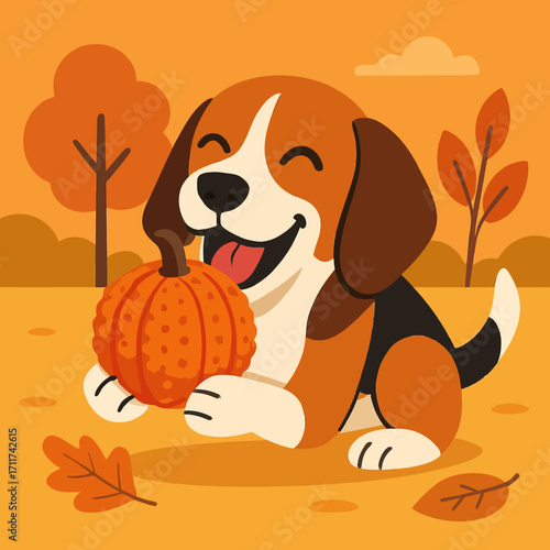 A cheerful beagle puppy joyfully embraces a small, vibrant orange pumpkin amidst a warm, autumnal landscape filled with colorful fallen leaves.