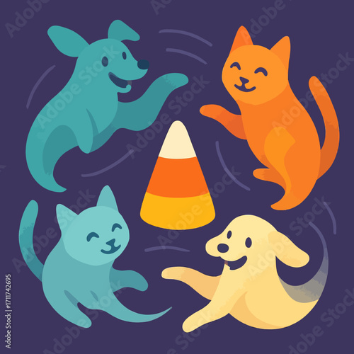 Adorable cartoon cats and dogs, depicted as friendly ghosts, happily float around a vibrant candy corn, capturing the fun and festive spirit of Halloween.
