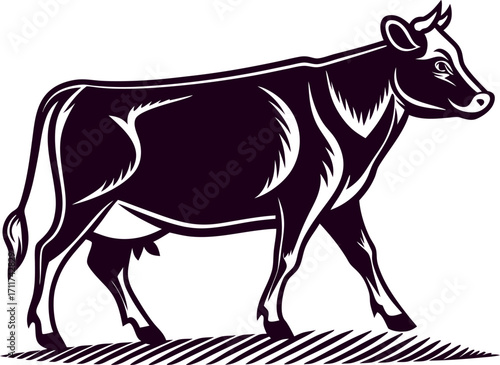 Clean vector silhouette of a cow walking in side profile for graphic design projects