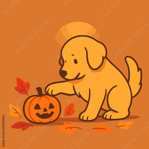 A delightful cartoon golden retriever pup gently touches a festive jack-o'-lantern, surrounded by vibrant autumn foliage, celebrating the spirit of Halloween.