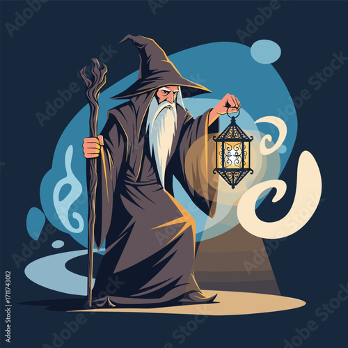A wise old wizard with a long white beard holds a glowing lantern in a mystical forest.