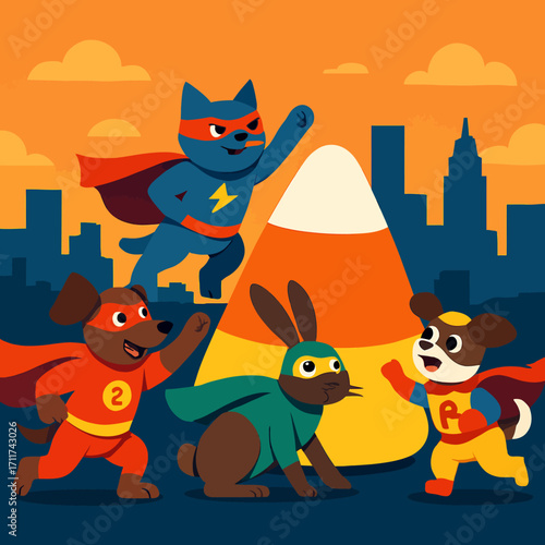 Four adorable animal superheroes, including a cat, dog, rabbit, and mouse, joyfully gather around a giant candy corn on a festive Halloween night.