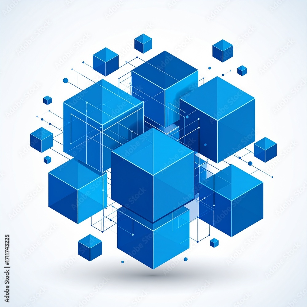 Obraz premium Isometric blue cubes abstract network structure technology concept.