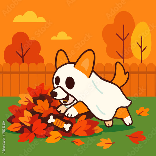 A charming corgi puppy, wearing a cute ghost costume, joyfully plays in a colorful heap of autumn leaves, celebrating the festive and spooky Halloween season.
