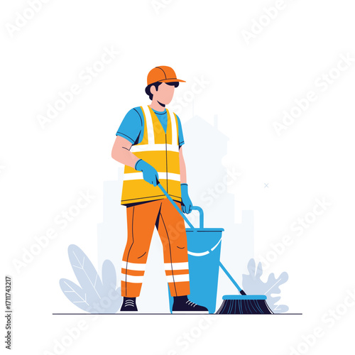 A sanitation worker sweeps the street with a broom and bucket.