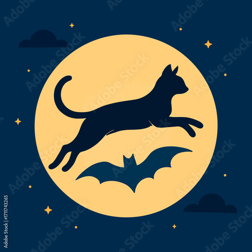 A mysterious black cat leaps gracefully across a luminous full moon, accompanied by a flying bat, creating an iconic Halloween night scene.