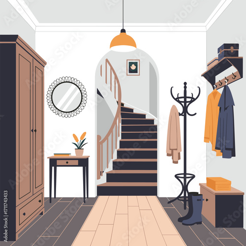 A stylish entryway with a coat rack and staircase.