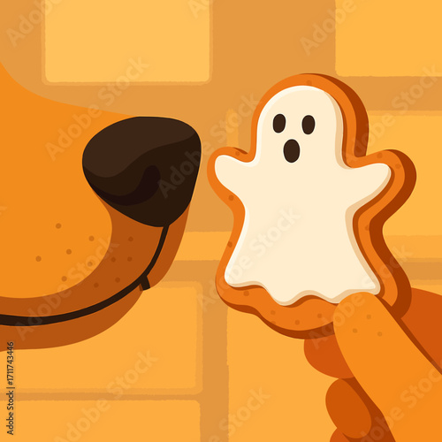 An adorable dog's curious snout gently sniffs a delightful, white-iced ghost cookie, perfectly capturing the playful and festive spirit of Halloween.