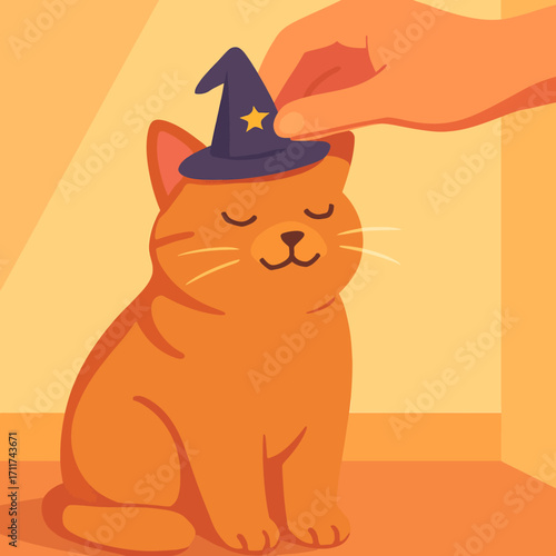 An adorable ginger cat, with eyes closed in contentment, is gently adorned with a tiny purple witch hat, perfect for a festive Halloween.
