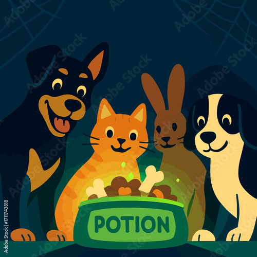 A charming cartoon depicts happy pets, a dog, cat, and rabbit, gathered around a glowing potion bowl filled with spooky treats for Halloween.