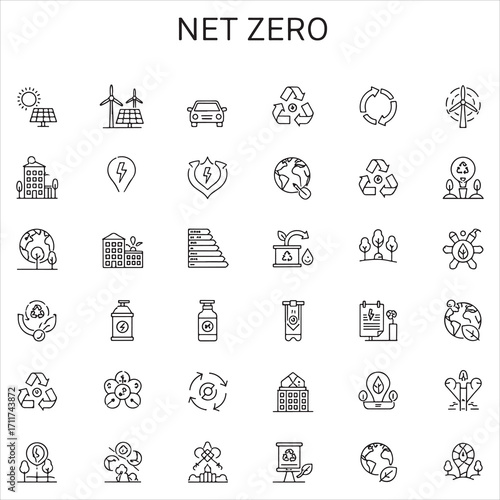 Set of net zero vector icons in clean line art style featuring renewable energy, wind turbines, solar panels, eco-friendly symbols, carbon reduction, and more. Editable stroke.