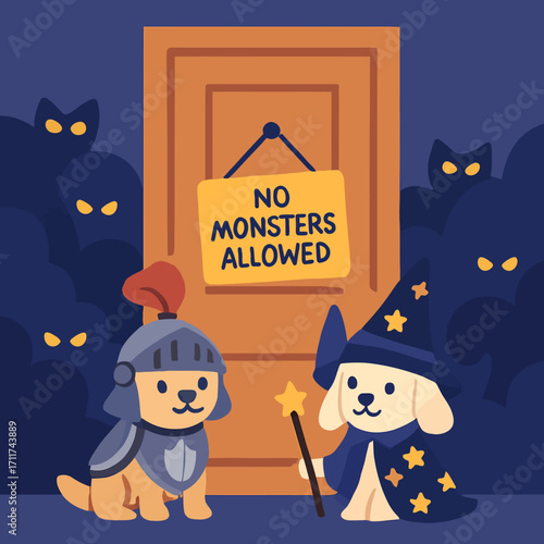 Cute puppies in knight and wizard costumes bravely stand before a 'No Monsters Allowed' door, protecting against shadowy Halloween spirits.