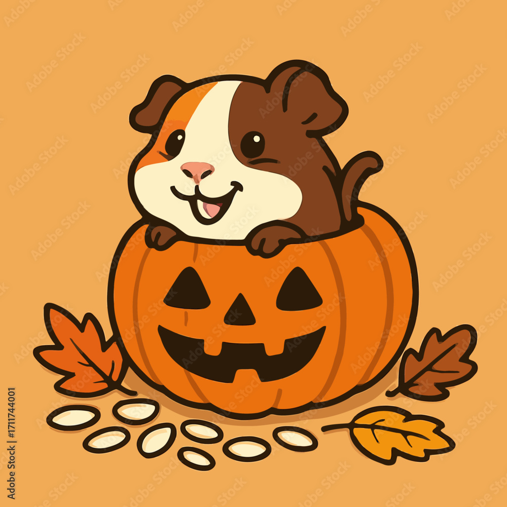 Fototapeta premium An endearing cartoon guinea pig, full of autumnal cheer, peeks out from a spooky yet friendly jack-o'-lantern, complemented by colorful fall leaves and seeds.