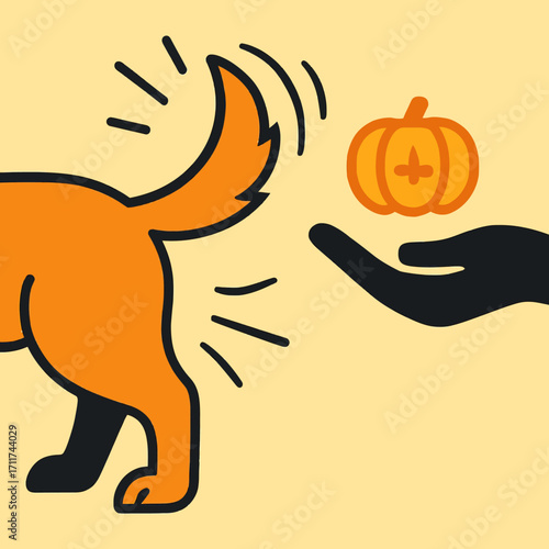 An adorable orange dog enthusiastically wags its tail while a mysterious hand offers a festive pumpkin, celebrating the spirit of Halloween.