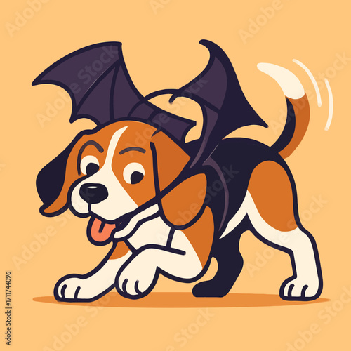 A cute beagle dog dressed in a fun bat costume, ready for Halloween festivities, wagging its tail against a cheerful orange background.