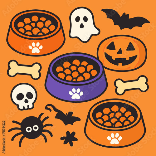 A charming collection of playful Halloween-themed pet essentials and spooky decorations, perfect for celebrating the festive autumn season with beloved animal friends.