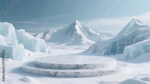 Snow-covered mountain landscape with marble pedestal in icy terrain