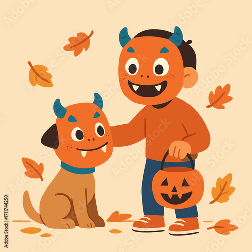 A child in an orange devil costume pets their matching dog, holding a pumpkin bucket among scattered autumn leaves, enjoying the festive Halloween.