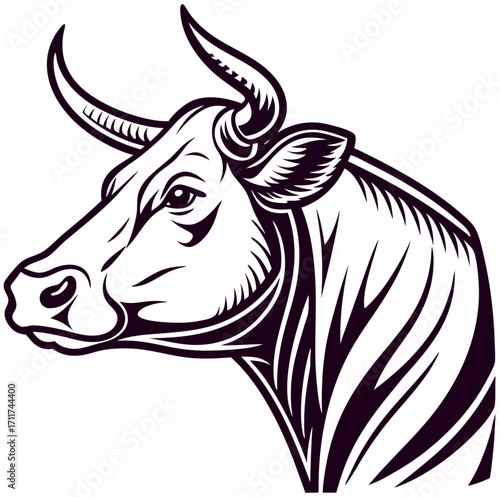 Detailed side profile silhouette of a cow with visible features and agricultural farm animal illustration