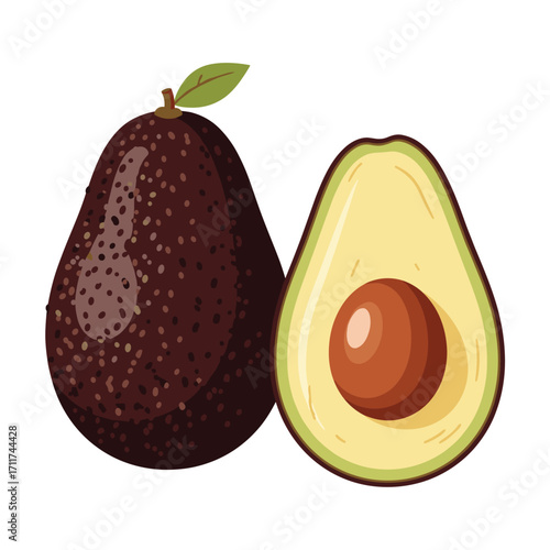 A whole avocado and a halved avocado showing the seed and flesh.