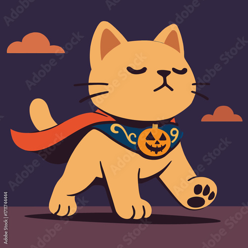 An adorable cartoon ginger cat, adorned with a festive pumpkin collar and a flowing cape, confidently strolls under a dark, cloudy Halloween night sky.