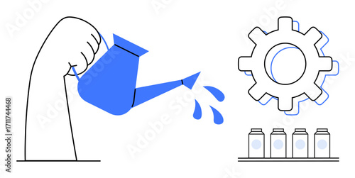 Hand pouring water from a watering can, large gear symbolizing efficiency, and aligned bottles representing production. Ideal for growth, productivity, sustainability, nurturing, teamwork