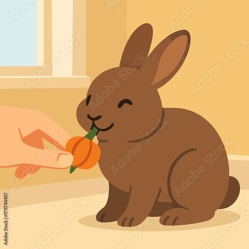 A charming brown bunny happily accepts a small, festive pumpkin-shaped treat from a caring hand, perfect for autumn and Halloween celebrations.