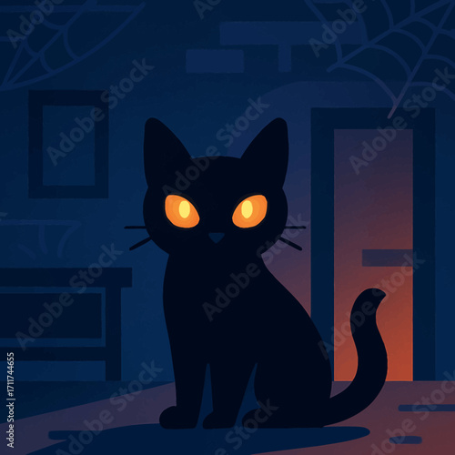 A mysterious black cat with glowing orange eyes sits in a dimly lit, spooky room adorned with spiderwebs, perfect for Halloween.
