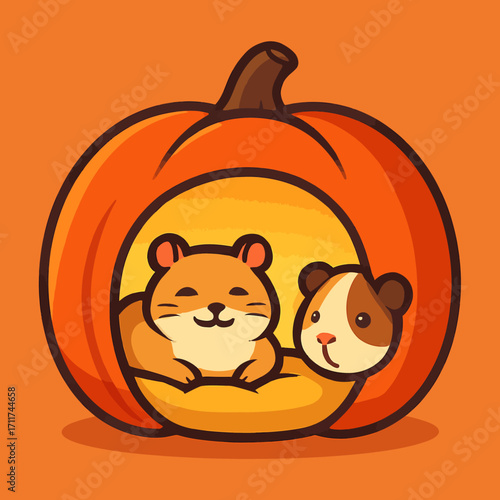 Two charming cartoon rodents find a festive and snug dwelling within a cheerful carved pumpkin, embodying the spirit of a delightful Halloween.
