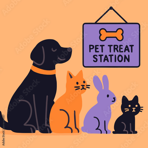 A charming illustration depicts a diverse group of domestic animals eagerly awaiting treats at a festive pet station, perfect for a whimsical Halloween celebration.
