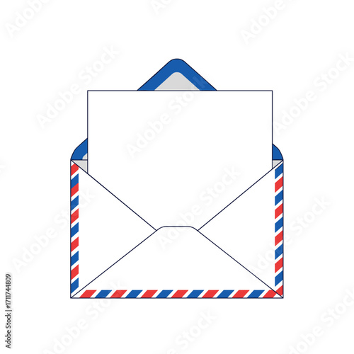 An open envelope with paper inside and red and blue striped edges.