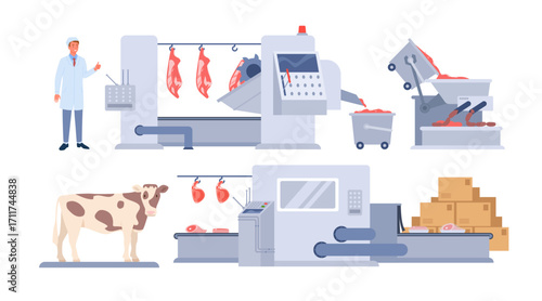 Beef production factory, automation butchery process, slaughterhouse manufacture. Industry chain from cow farm, meat processing and distribution with control of supervisor cartoon vector illustration