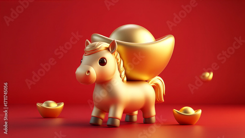 A cute little golden horse is carrying a red New Year element background with golden ingots