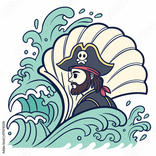 Vector art of a captivating illustration of a pirate emerging from a giant seashell amidst crashing waves, blending maritime adventure, fantasy, and the allure of the sea