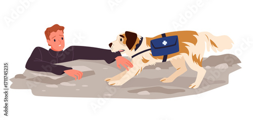 Rescue dog saving life of man under mountain rock falls, search and support of people after accident, earthquake and avalanche, natural disaster. Help from pet rescuer cartoon vector illustration