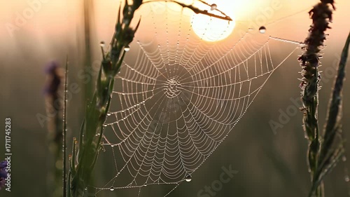Sunrise Dewdrops on Spiderweb in Meadow