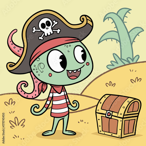 Vector art of a cartoon pirate monster with a treasure chest on a sandy hill, wearing a pirate hat with a skull and crossbones, and a red bandana