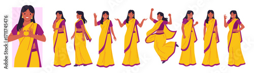 Indian young woman in yellow saree showing different poses set, love and smile. Avatar portrait of cute happy girl in traditional clothes with fingers in shape of heart cartoon vector illustration.