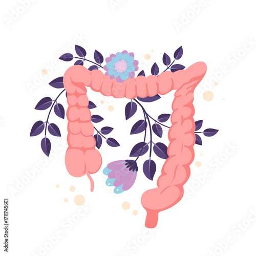 Large human intestine with floral decor, internal organ of last part of gastrointestinal tract. Healthy bowel anatomical medical chart with flowers, plants and leaves cartoon vector illustration