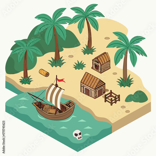 Vector art of a cartoon illustration of a tropical island with palm trees, huts, and a pirate ship, the island is surrounded by water and there is a skull in the water