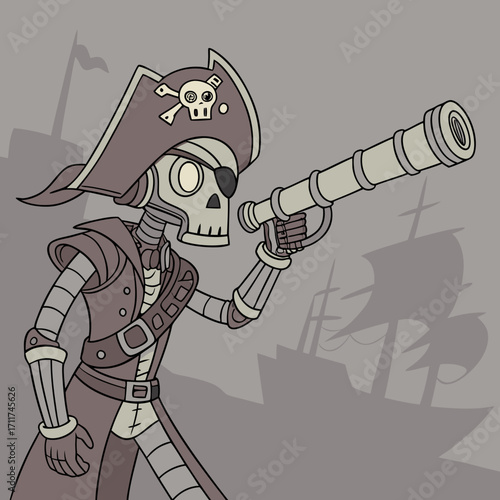 Vector art of a cartoon skeleton pirate captain with an eye patch, tricorn hat, and telescope stands on the deck of his ship, searching for treasure on the high seas