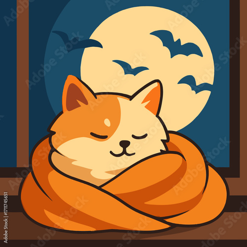 A cozy orange cat sleeps peacefully by a window, bathed in the glow of a full moon with bats flying, creating a serene Halloween night scene.