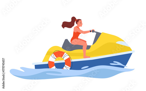 Female lifeguard riding jet ski in ocean or blue sea water waves. Young woman in red swimsuit on seadoo boat with lifebuoy, girl rescuers operation to save drowning people cartoon vector illustration