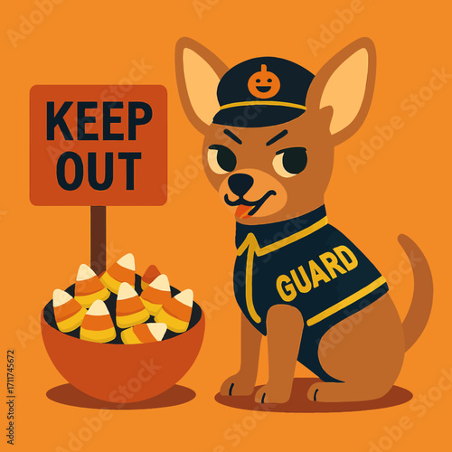 A vigilant chihuahua guard dog, wearing a pumpkin hat and guard vest, protects a tempting bowl of candy corn on a vibrant orange Halloween background.