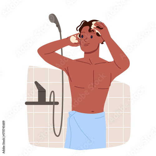 Man taking shower in home bathroom, washing hair with shampoo foam and bubbles, everyday male hygiene routine scene. Guy in towel standing, scrubbing head and smiling cartoon vector illustration