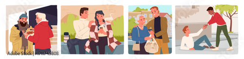 Help, support, first aid in difficult situation set. Kind people giving plate of food to beggar, holding bag of grandmother to carry, help fallen person up, comfort friend cartoon vector illustration