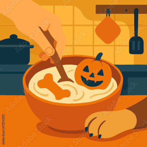 A hand stirs a Halloween pet treat, featuring a carved pumpkin and a bone in a bowl, with a dog's paw eagerly awaiting the special snack.