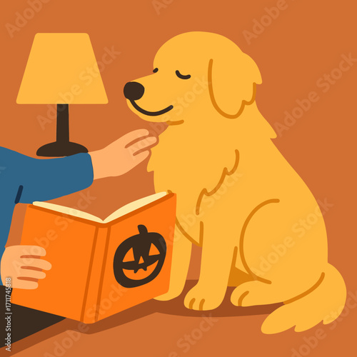 A person gently pets a golden retriever while reading a festive Halloween-themed book under the warm glow of a cozy lamp.