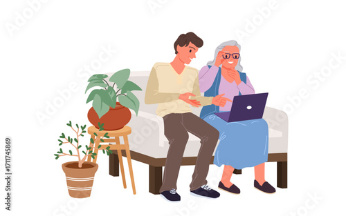 Support, help and care from young man to elderly woman, training on how to use laptop and Internet. Boy pointing at screen to teach grandmother, sitting on sofa together cartoon vector illustration