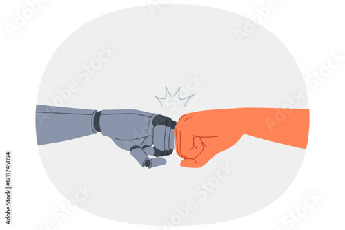 Synergy of robot and human joining fists as sign of solidarity and willingness to cooperate to achieve goal. Cooperation of people and robot with artificial intelligence to assist in new projects